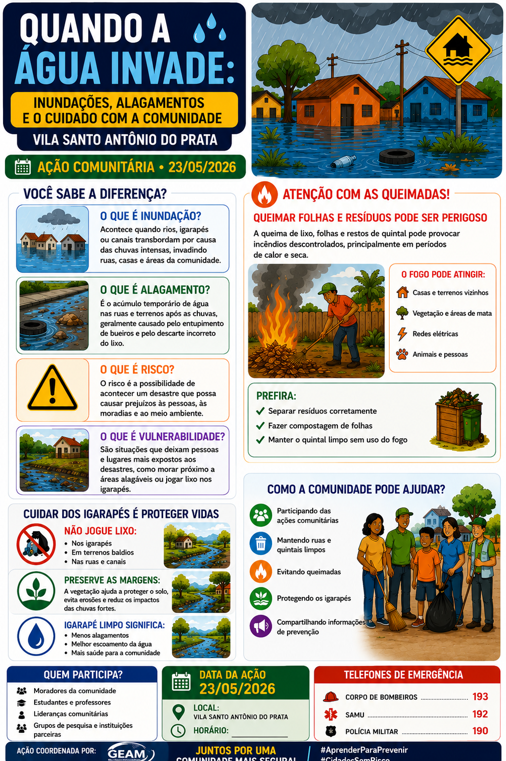 Cartaz da campanha “Conhecer para Prevenir – Enchentes e Alagamentos e o cotidiano do risco” - “Igarapé Vivo, Comunidade Forte!!”