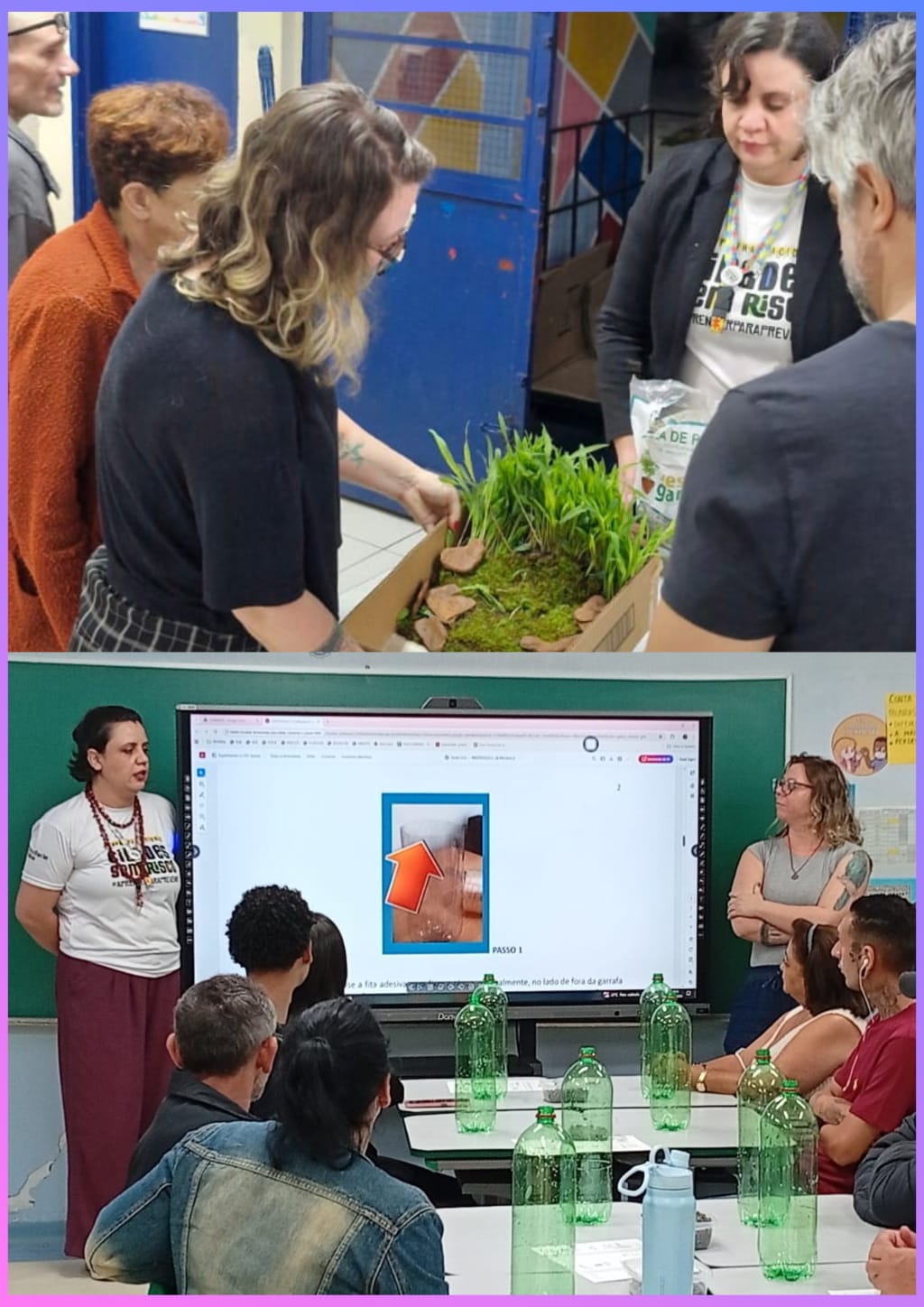 Atividade de confecção dos pluviômetros e maquetes sobre mata ciliar com a professora de Ciências da EJA II Fernanda Barletta