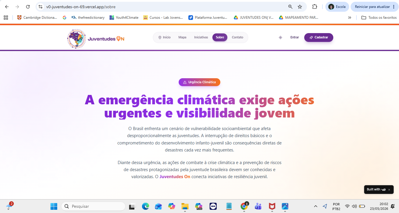 Registro do desenvolvimento da interface digital e da arquitetura da Plataforma Juventudes On - tela sobre