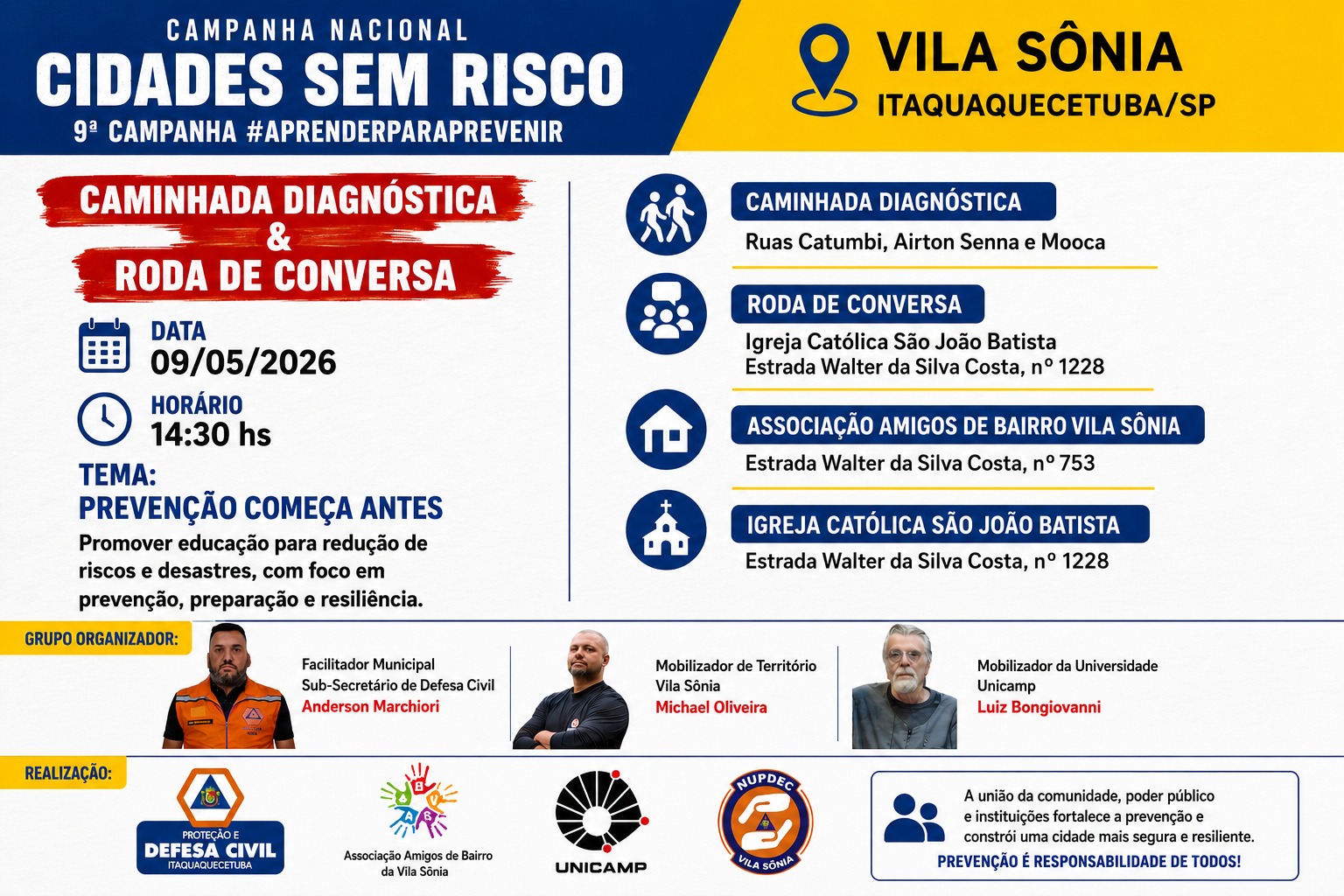 PARCERIAS ENTRE INSTITUIÇÕES: ASSOCIAÇÃO DE BAIRRO, UNIVERSIDADE UNICAMP, DEFESA CIVIL MUNICIPAL E NUPDEC VILA SONIA E PROFESSOR JEFFERSON PICANÇO
