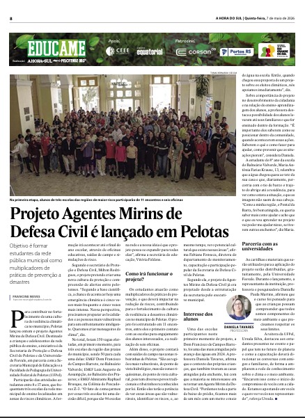 Lançamento do Projeto Agentes Mirins na Prefeitura Municipal com as turmas selecionadas para o projeto. 06/05/2026 com notícia em 07/05/2026.