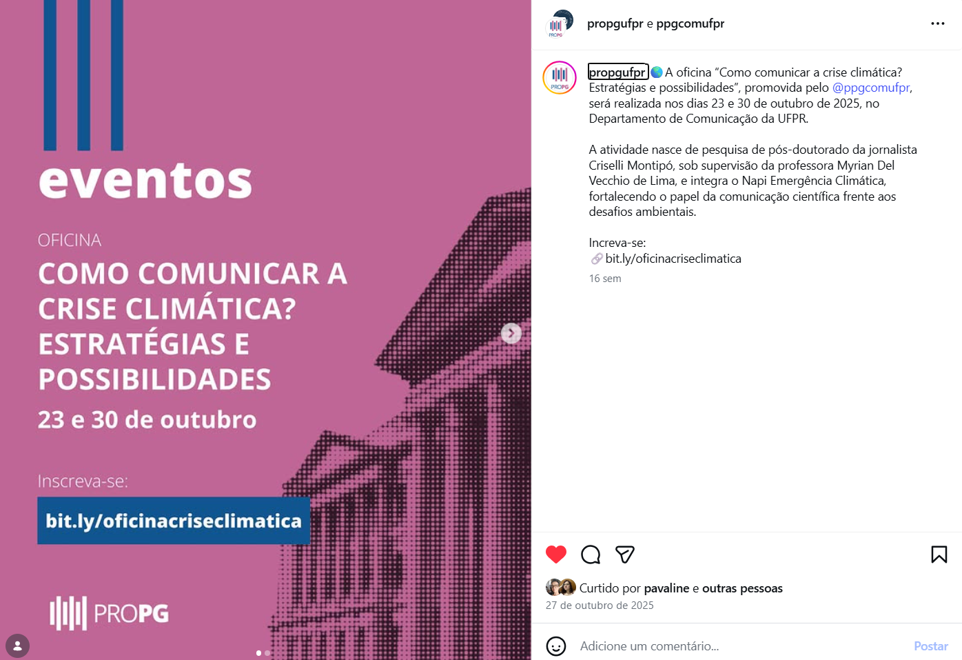 Divulgação das oficinas no Intagram da Pró-Reitoria de Pesquisa e Pós-Graduação da UFPR